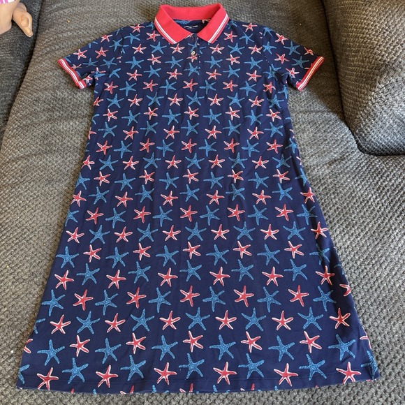 LANDS END Starfish Print Sz Medium (10-12)‎ Navy Blue Stretchy Cotton Polo Dress - Picture 1 of 6